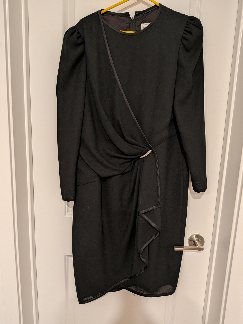 Vintage Leslie Fay Black Draped Midi Dress with Accent Trim